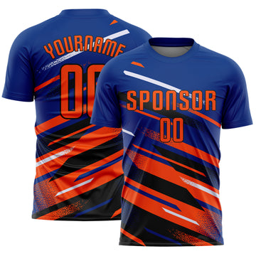 Custom Royal Orange Black-White Grunge Stripe And Grainy Sports Sublimation Soccer Uniform Jersey