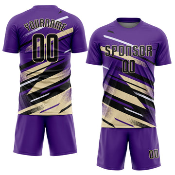 Custom Purple Black Cream-White Grunge Stripe And Grainy Sports Sublimation Soccer Uniform Jersey