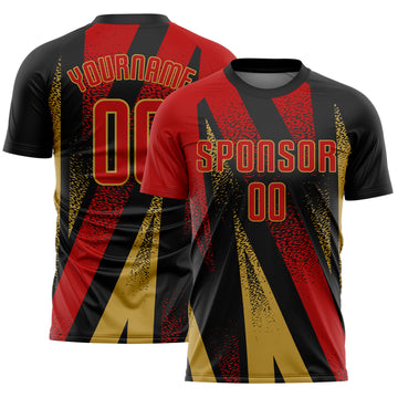 Custom Black Red-Old Gold Radial Burst Sports Sublimation Soccer Uniform Jersey