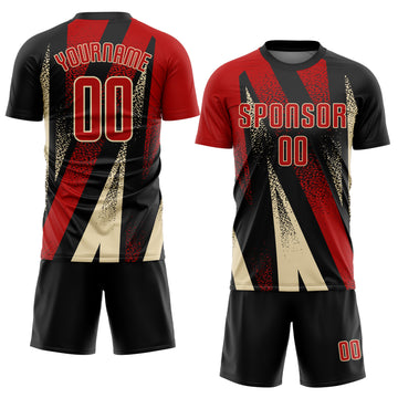 Custom Black Red-Cream Radial Burst Sports Sublimation Soccer Uniform Jersey