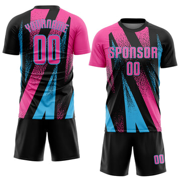 Custom Black Pink-Sky Blue Radial Burst Sports Sublimation Soccer Uniform Jersey
