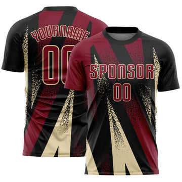 Custom Black Crimson-Cream Radial Burst Sports Sublimation Soccer Uniform Jersey