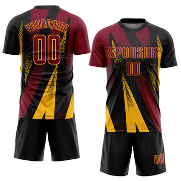 Custom Black Crimson-Gold Radial Burst Sports Sublimation Soccer Uniform Jersey