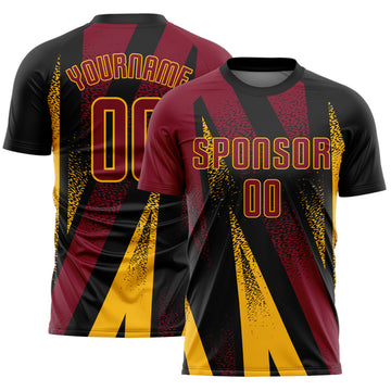 Custom Black Crimson-Gold Radial Burst Sports Sublimation Soccer Uniform Jersey