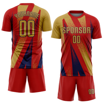 Custom Red Old Gold-Navy Radial Burst Sports Sublimation Soccer Uniform Jersey