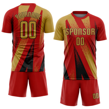 Custom Red Old Gold-Black Radial Burst Sports Sublimation Soccer Uniform Jersey