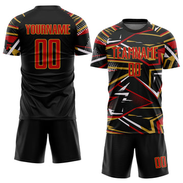 Custom Black Red Old Gold-White Abstract Geometric Stripes Sports Sublimation Soccer Uniform Jersey