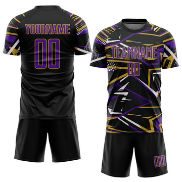 Custom Black Purple Old Gold-White Abstract Geometric Stripes Sports Sublimation Soccer Uniform Jersey
