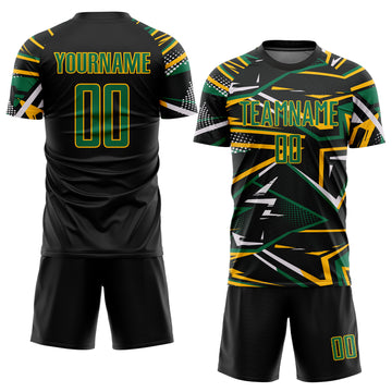 Custom Black Kelly Green Gold-White Abstract Geometric Stripes Sports Sublimation Soccer Uniform Jersey