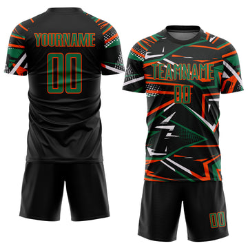 Custom Black Kelly Green Orange-White Abstract Geometric Stripes Sports Sublimation Soccer Uniform Jersey