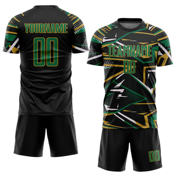 Custom Black Kelly Green Old Gold-White Abstract Geometric Stripes Sports Sublimation Soccer Uniform Jersey