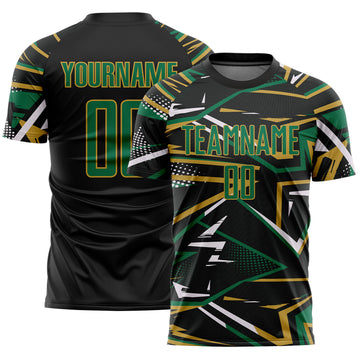 Custom Black Kelly Green Old Gold-White Abstract Geometric Stripes Sports Sublimation Soccer Uniform Jersey