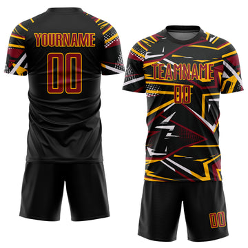 Custom Black Crimson Gold-White Abstract Geometric Stripes Sports Sublimation Soccer Uniform Jersey