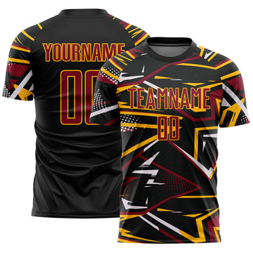 Custom Black Crimson Gold-White Abstract Geometric Stripes Sports Sublimation Soccer Uniform Jersey
