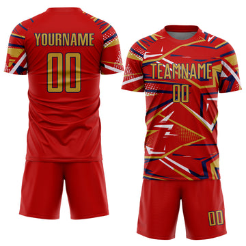 Custom Red Old Gold Navy-White Abstract Geometric Stripes Sports Sublimation Soccer Uniform Jersey