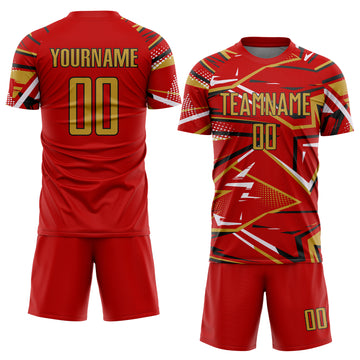 Custom Red Old Gold Black-White Abstract Geometric Stripes Sports Sublimation Soccer Uniform Jersey