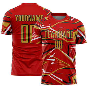 Custom Red Old Gold Black-White Abstract Geometric Stripes Sports Sublimation Soccer Uniform Jersey