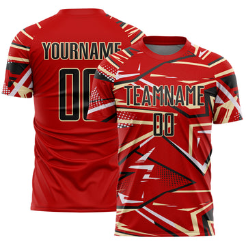 Custom Red Black Cream-White Abstract Geometric Stripes Sports Sublimation Soccer Uniform Jersey