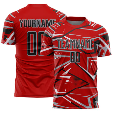 Custom Red Black Gray-White Abstract Geometric Stripes Sports Sublimation Soccer Uniform Jersey