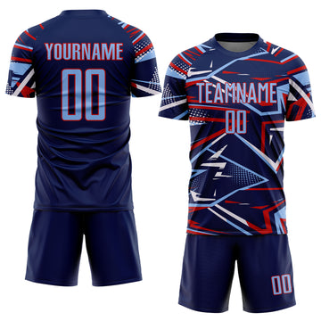 Custom Navy Light Blue Red-White Abstract Geometric Stripes Sports Sublimation Soccer Uniform Jersey