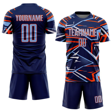 Custom Navy Light Blue Orange-White Abstract Geometric Stripes Sports Sublimation Soccer Uniform Jersey