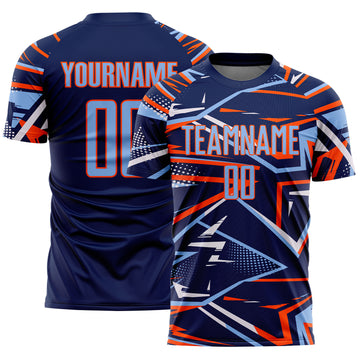 Custom Navy Light Blue Orange-White Abstract Geometric Stripes Sports Sublimation Soccer Uniform Jersey