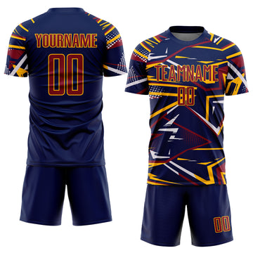 Custom Navy Crimson Gold-White Abstract Geometric Stripes Sports Sublimation Soccer Uniform Jersey