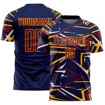 Custom Navy Crimson Gold-White Abstract Geometric Stripes Sports Sublimation Soccer Uniform Jersey
