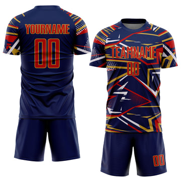 Custom Navy Red Old Gold-White Abstract Geometric Stripes Sports Sublimation Soccer Uniform Jersey