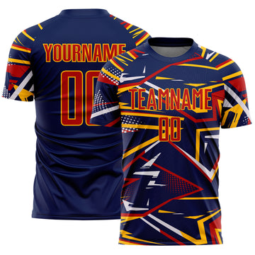 Custom Navy Red Gold-White Abstract Geometric Stripes Sports Sublimation Soccer Uniform Jersey