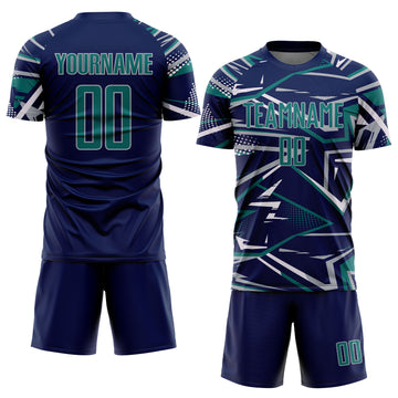 Custom Navy Teal Gray-White Abstract Geometric Stripes Sports Sublimation Soccer Uniform Jersey