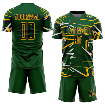 Custom Green Black Gold-White Abstract Geometric Stripes Sports Sublimation Soccer Uniform Jersey