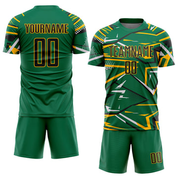 Custom Kelly Green Black Gold-White Abstract Geometric Stripes Sports Sublimation Soccer Uniform Jersey