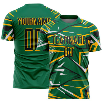 Custom Kelly Green Black Gold-White Abstract Geometric Stripes Sports Sublimation Soccer Uniform Jersey