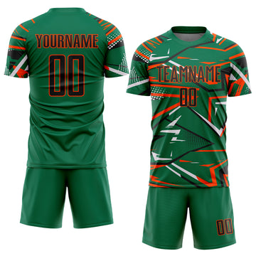 Custom Kelly Green Black Orange-White Abstract Geometric Stripes Sports Sublimation Soccer Uniform Jersey