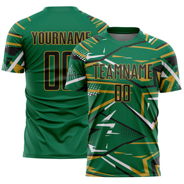 Custom Kelly Green Black Old Gold-White Abstract Geometric Stripes Sports Sublimation Soccer Uniform Jersey