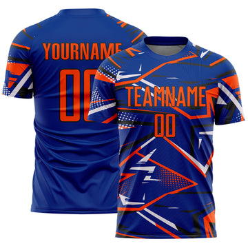 Custom Royal Orange Black-White Abstract Geometric Stripes Sports Sublimation Soccer Uniform Jersey