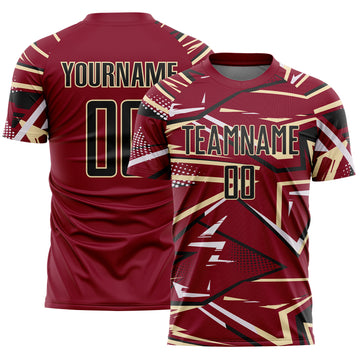 Custom Crimson Black Cream-White Abstract Geometric Stripes Sports Sublimation Soccer Uniform Jersey