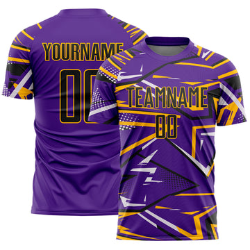 Custom Purple Black Gold-White Abstract Geometric Stripes Sports Sublimation Soccer Uniform Jersey