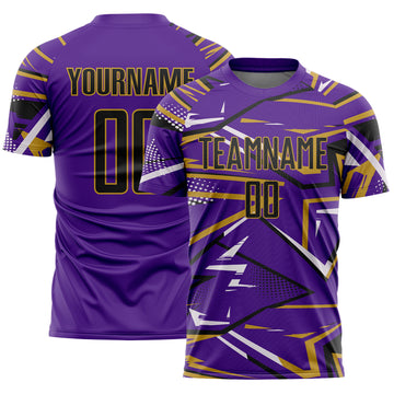 Custom Purple Black Old Gold-White Abstract Geometric Stripes Sports Sublimation Soccer Uniform Jersey