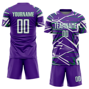 Custom Purple White-Kelly Green Abstract Geometric Stripes Sports Sublimation Soccer Uniform Jersey