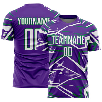 Custom Purple White-Kelly Green Abstract Geometric Stripes Sports Sublimation Soccer Uniform Jersey