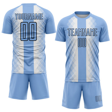 Custom Light Blue Black-White Zigzag Diamond Stripe Sports Sublimation Soccer Uniform Jersey