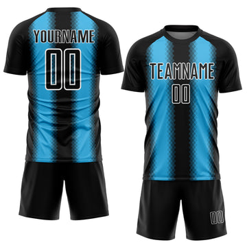 Custom Black Sky Blue-White Zigzag Diamond Stripe Sports Sublimation Soccer Uniform Jersey