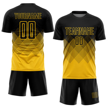 Custom Black Yellow Gradient Diamond Diagonal Lines Sports Sublimation Soccer Uniform Jersey