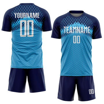 Custom Navy White-Sky Blue Gradient Diamond Grid Sports Sublimation Soccer Uniform Jersey