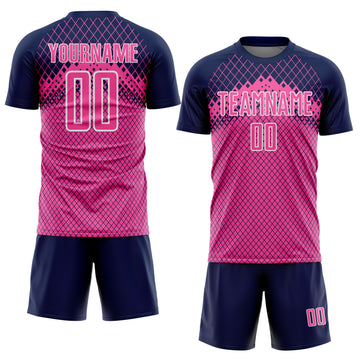 Custom Navy Pink-White Gradient Diamond Grid Sports Sublimation Soccer Uniform Jersey