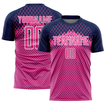 Custom Navy Pink-White Gradient Diamond Grid Sports Sublimation Soccer Uniform Jersey