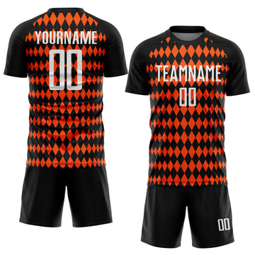 Custom Black White-Orange Diamond Harlequin Check Sports Sublimation Soccer Uniform Jersey