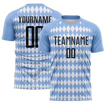 Custom Light Blue Black-White Diamond Harlequin Check Sports Sublimation Soccer Uniform Jersey
